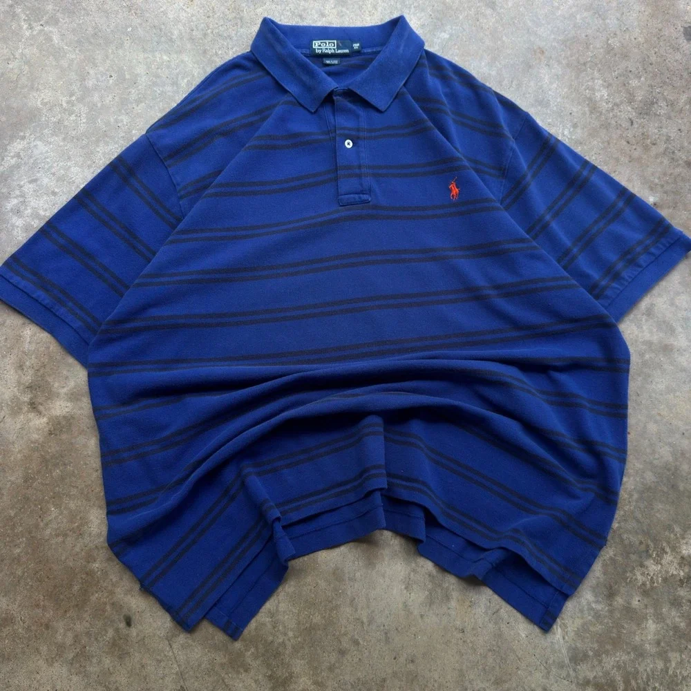 Vintage 90s Polo Ralph Lauren Striped Polo Shirt Rare Blue 2XB (d8)